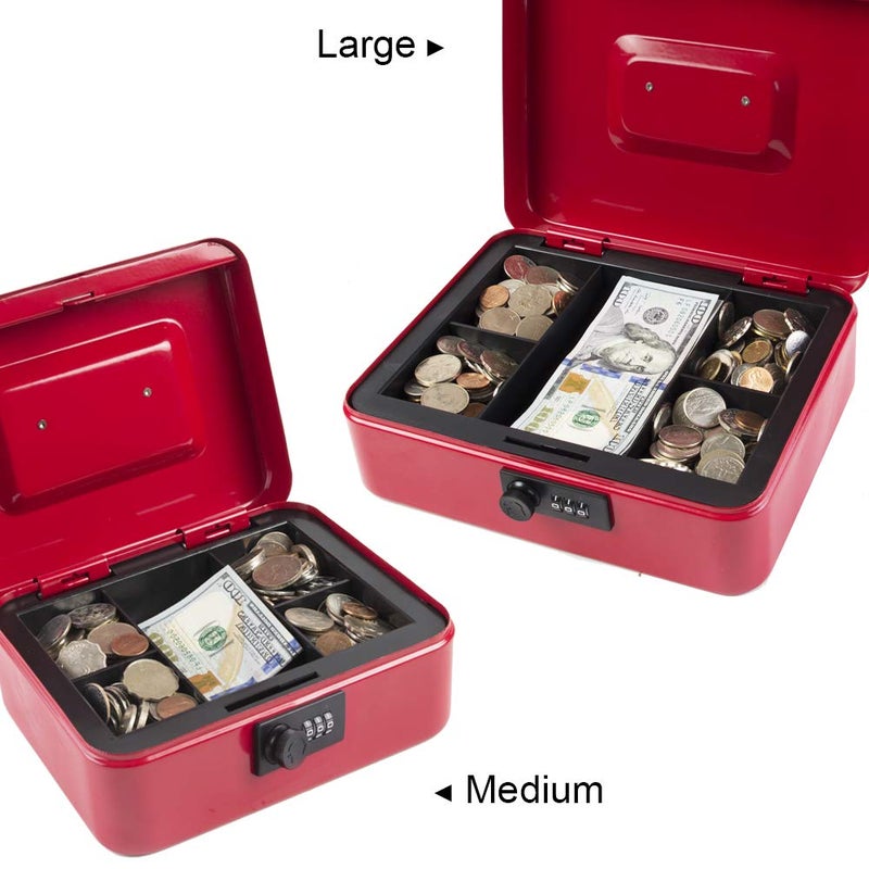 KYODOLED Large Cash Box with Combination Lock Safe Metal Money Box with Money Tray for Security Lock Box 9.84"x 7.87"x 3.54" Red Large - Image 4